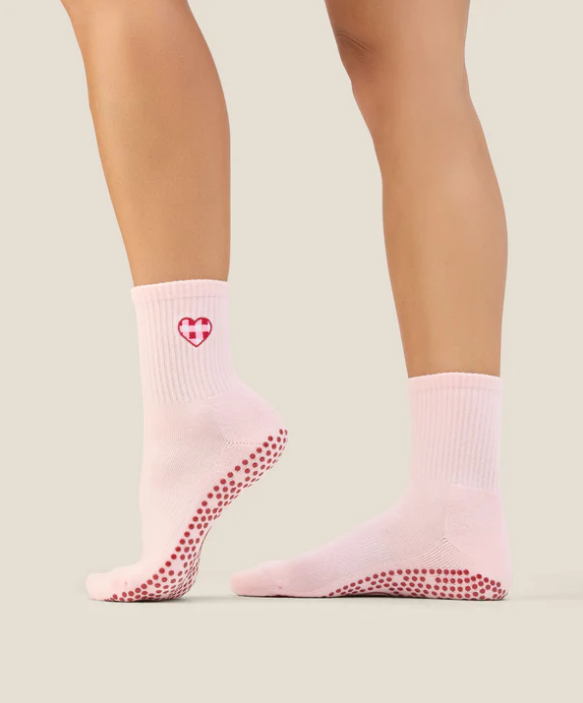 Gingham Heart Grip Socks (Pink)